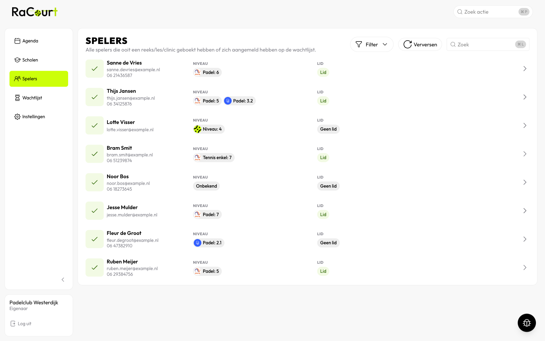 The player list of a club in RaCourt, with Member or Not a member next to every player