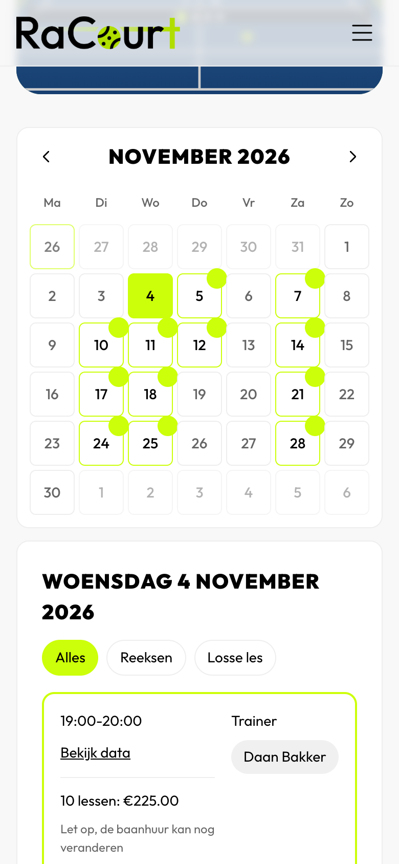 The calendar in RaCourt where a player picks a free lesson to book