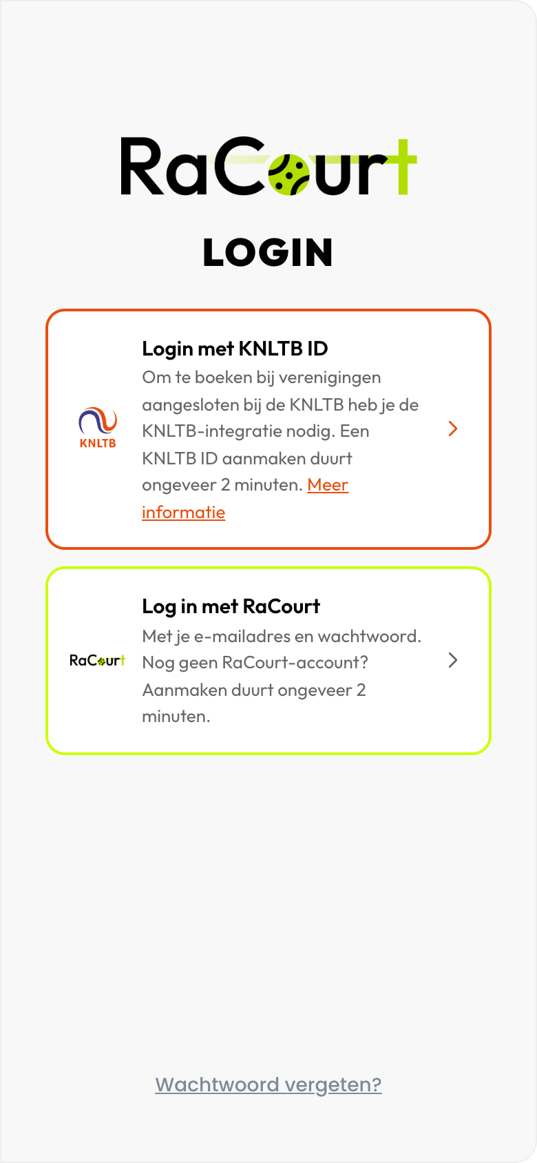The RaCourt login, with KNLTB ID or a RaCourt account