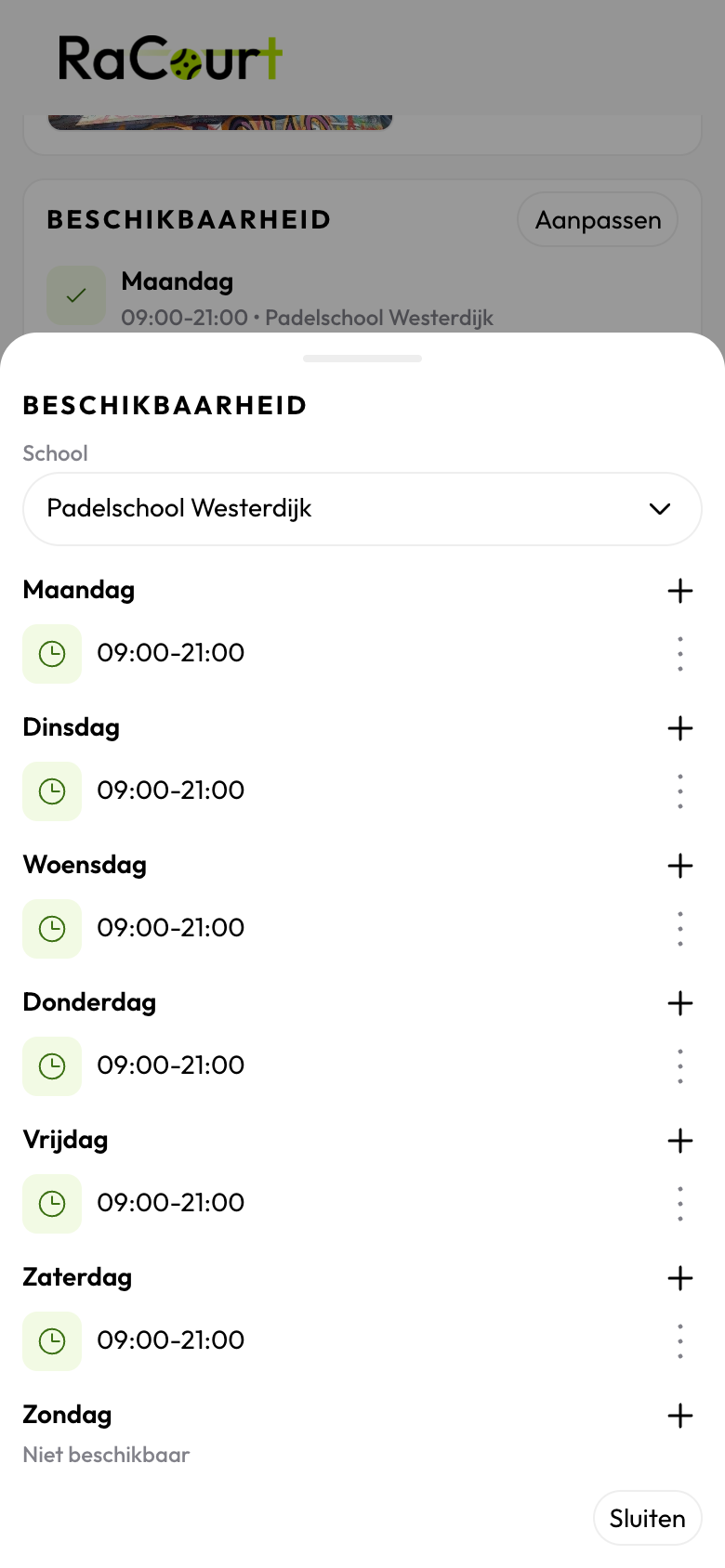 Je beschikbaarheid per dag instellen in de RaCourt-trainersapp