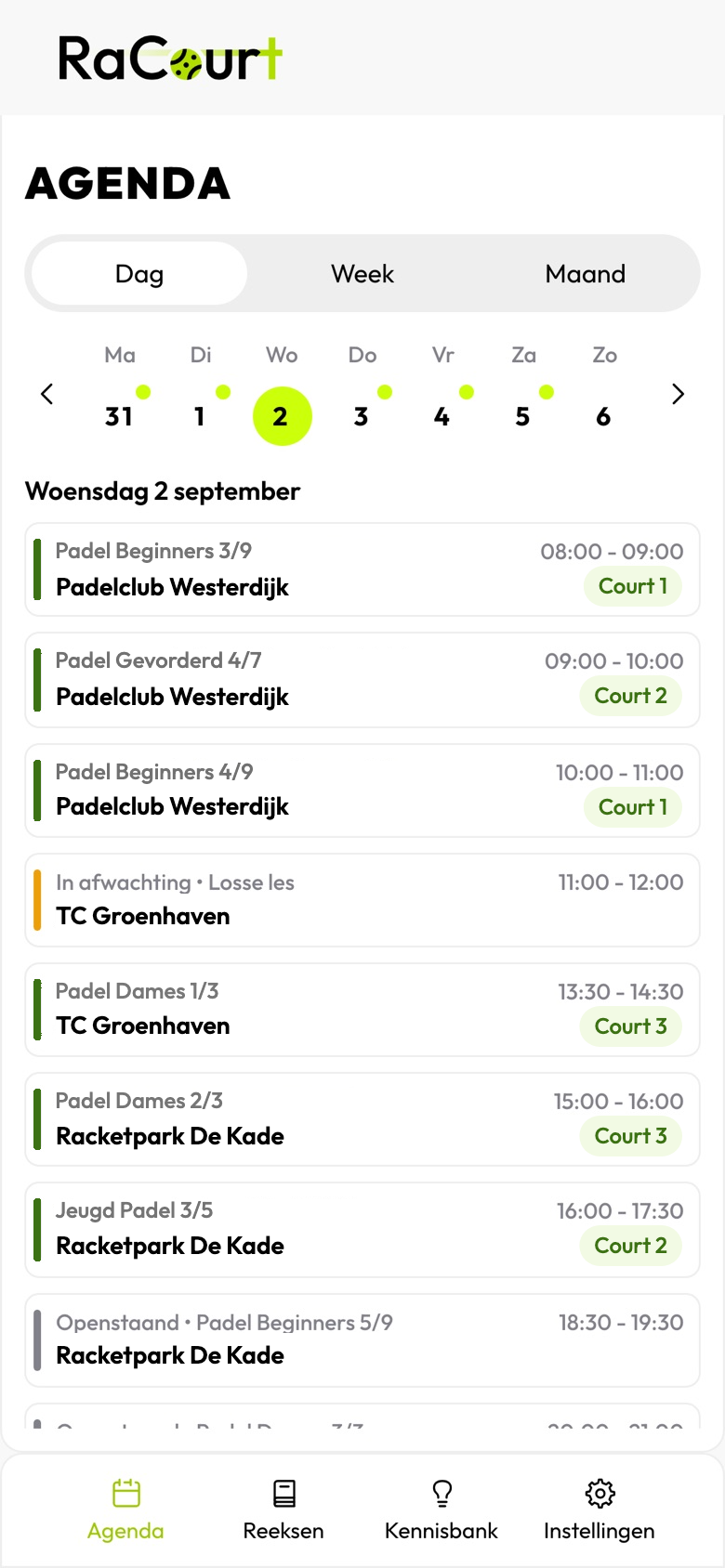De RaCourt-trainersapp met de lessen van één dag